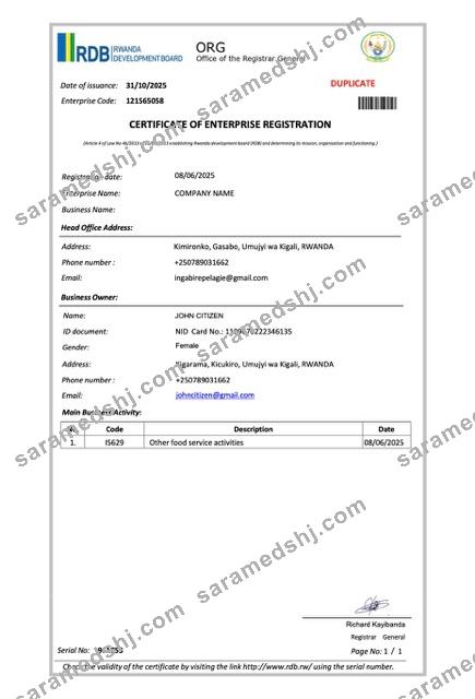 Rwanda certificate of enterprise registration Word and PDF template, version 2